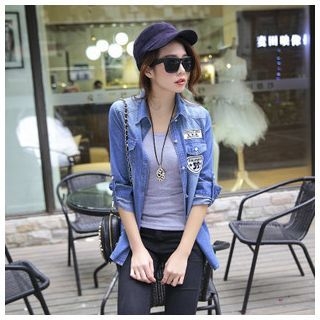Angel Shine Patch-Accent Tab-Sleeve Denim Blouse