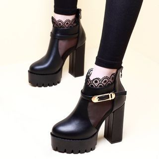 Anran Platform Chunky Heel Lace Panel Ankle Boots