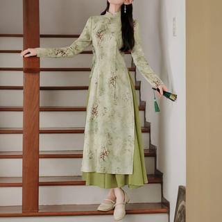 Set: Long Sleeve Floral Print Mandarin Collar Hanfu Top + Mid Rise Plain Midi A-Line Skirt