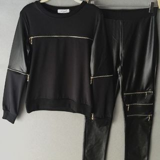 Quintess Set: Faux-Leather Panel Zip-Accent Pullover + Zip-Accent Pants