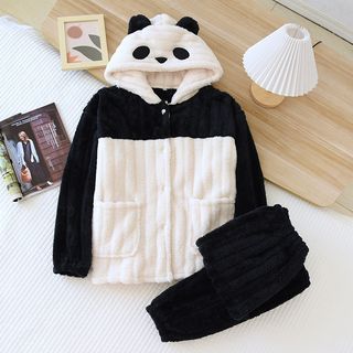 Couple Matching Pajama Set: Panda Ear Hooded Button-Up Flannel Top + Plain Pants