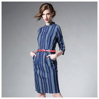 Elabo Striped 3/4-Sleeve Shirtdress with Belt