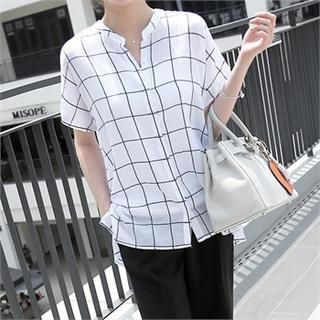 mayblue Hidden-Button Graph-Check Shirt