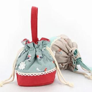 Ms Bean Drawstring Bird Print Canvas Handbag