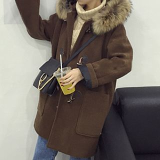 Eva Fashion Furry Trim Hooded Toggle Coat