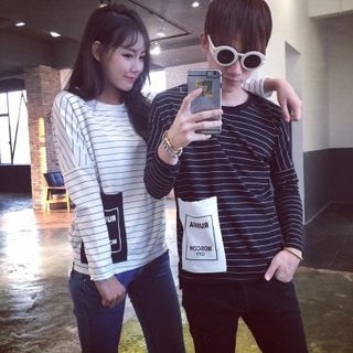 Teezone Striped Lettering Pocket Matching Couple T-Shirt