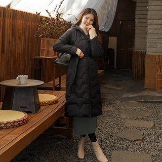 Hooded Long Padded Coat With Sash Black - One Size
