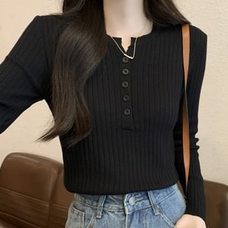 Long-Sleeve Henley Plain Ribbed Knit Top