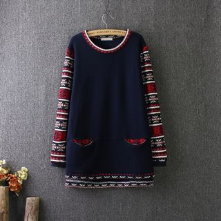 Blue Rose Knit Panel Patterned Pullover