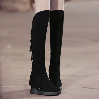JY Shoes Fringed Hidden Wedge Tall Boots