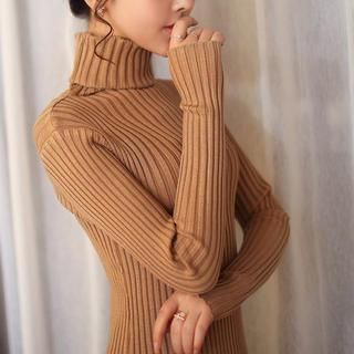 anzoveve Turtleneck Ribbed Long Knit Top