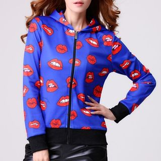 Omifa Lip-Print Hooded Zip Jacket
