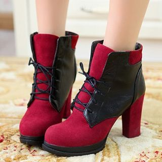 CITTA Panel Chunky Heel Lace-Up Short Boots