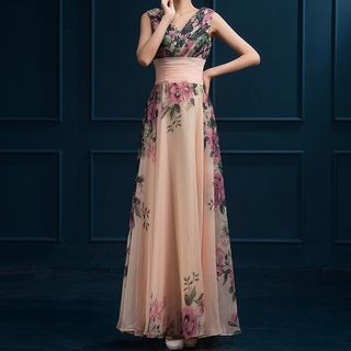 Shannair Short-Sleeve Floral Evening Dress