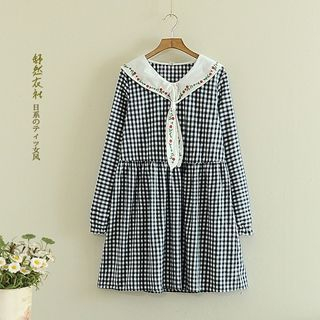 Storyland Long-Sleeve Sailor-Collar Embroidered Gingham Dress