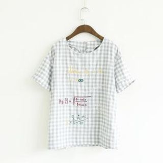 Ranche Short-Sleeve Gingham Embroidered Top