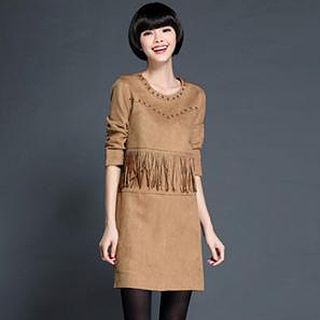 lilygirl Fringed Studded Faux Suede Long-Sleeve Dress