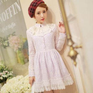 Altalena Stand-collar Long-Sleeve Lace Dress