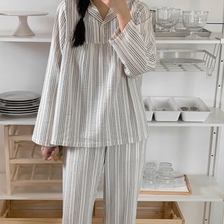 Pajama Set: Long-Sleeve Henley Striped Top + Pants