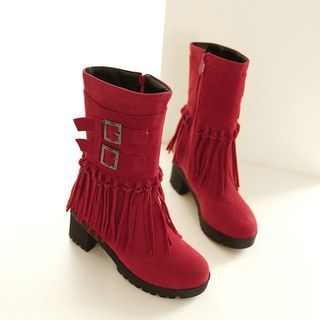 Colorful Shoes Fringed Buckled Mid-calf Boots