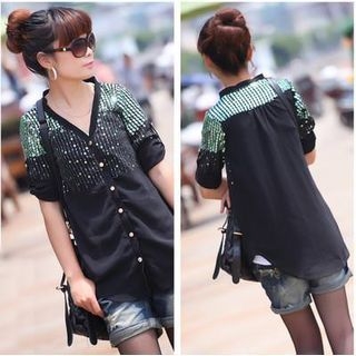 Hermina Short-Sleeve Sequined Chiffon Blouse