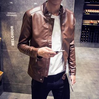 LC Homme Faux-Leather Stand-Collar Zip Jacket