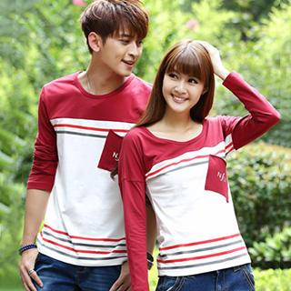 Igsoo Couple Color Block Striped T-Shirt