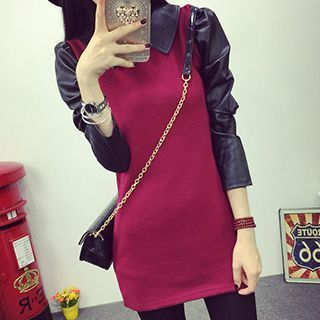 Emeline Long-Sleeve Faux Leather Panel Long T-Shirt