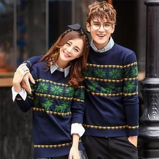 Simpair Deer Pattern Couple Sweater Navy Blue - M