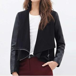 Richcoco Faux Leather Panel Open-Front Jacket
