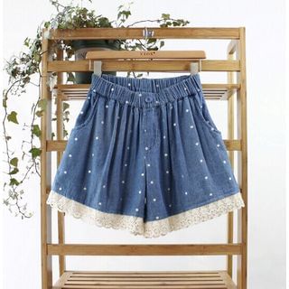 Blue Rose Lace Trim Dot Embroidered Shorts