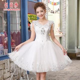 MSSBridal Diamante Cap-Sleeve Short Wedding Dress