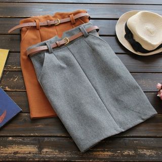 YOYO Woolen Pencil Skirt with Belt