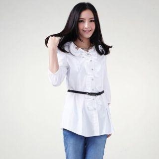 3/4-Sleeve Belted Ruffle Blouse