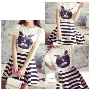 Rocho Set: Cat Print T-Shirt + Striped A-Line Skirt