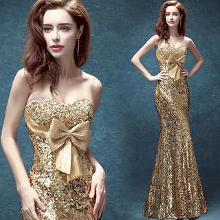 Angel Bridal Strapless Embellished Bowed Mermaid Evening Dress