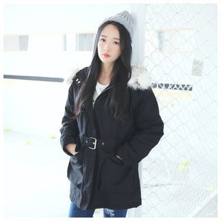 Sens Collection Faux Fur Trim Hooded Parka with Belt