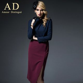 Aision Set: Long-Sleeve Rhinestone Top + Slit Pencil Skirt
