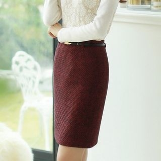 Styleonme Wool Blend Tweed Pencil Skirt with Belt