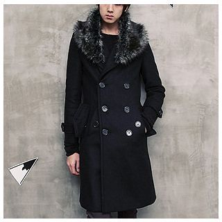Bay Go Mall Double-breasted Coat with Furry Collar
