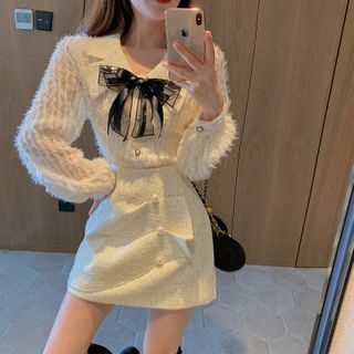 Long-sleeve Fluffy Sequined Bow Blouse / Mini A-line Skirt