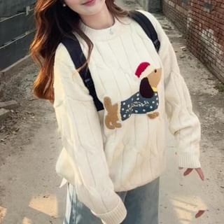 Round Neck Dog Embroidered Cable-Knit Sweater