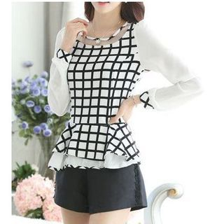 Dowisi Long-Sleeve Check Panel Chiffon Blouse