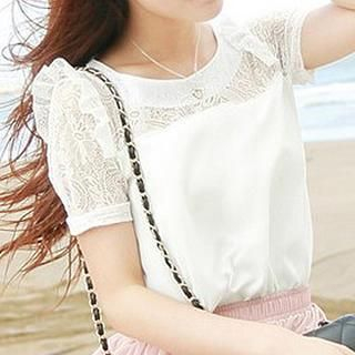 Q.C.T Short-Sleeve Ruffle Lace Panel Top