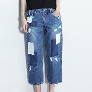 Vokk Distressed Pieced Wide-leg Denim Jeans