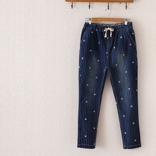 P.E.I. Girl Embroidered Pinstriped Drawstring Jeans