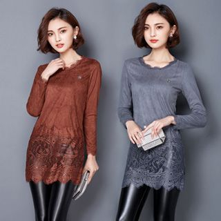 Lavogo Lace Panel Long-Sleeve Top