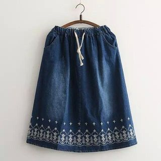 Aigan Embroidered Denim Long Skirt