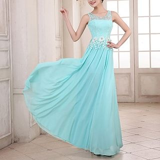 Luxury Style Sleeveless Lace Rhinestone A-Line Evening Gown