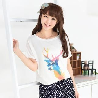 59 Seconds Short-Sleeve Deer Print Top White - One Size